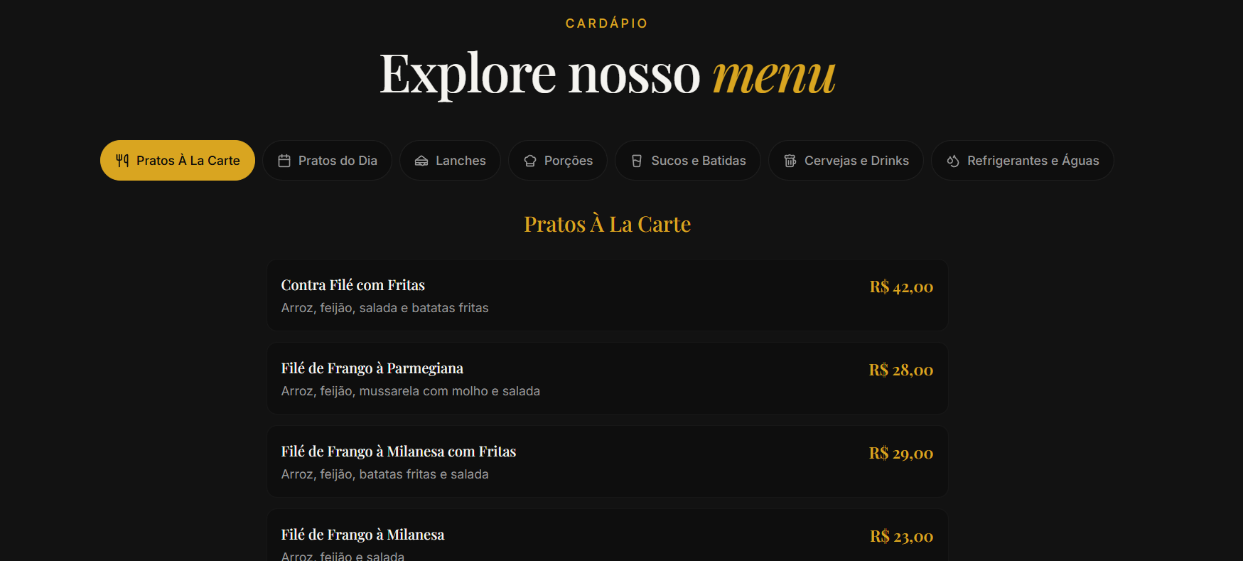 Preview Cardápio de Bar — Explore nosso menu, pratos à la carte